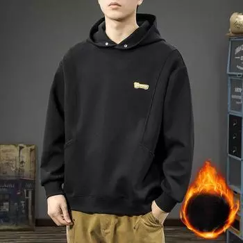 Осенне-зимний свитер с капюшоном, мужской свободный повседневный свитер большого размера с длинным рукавом, зимняя бархатная теплая куртка в стиле ретро Tide M чёрный