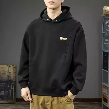 Осенне-зимний свитер с капюшоном, мужской свободный повседневный свитер большого размера с длинным рукавом, зимняя бархатная теплая куртка в стиле ретро Tide L чёрный