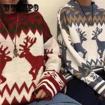 Осенне-зимний свитер с круглым вырезом для пар, жаккардовый свитер в этническом стиле с изображением лося, теплый пуловер, мягкий свободный повседневный свитер-рубашка 3XL