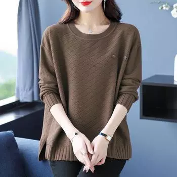 Осенне-зимний свитер с круглым вырезом для женщин, свободный, большого размера, модный, топ, закрывающий живот, трикотаж M чёрный
