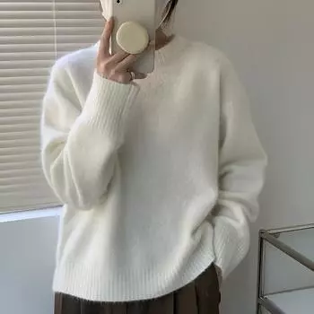 Осенне-зимний свитер с круглым вырезом для женщин, модный свободный мягкий вязаный свитер, женские элегантные облегающие офисные женские джемперы, топы 25651 One Size белый