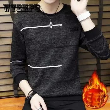 Осенне-зимний свитер с круглым вырезом и бархатная подкладка, футболка, трикотаж, термобелье, пуловер, кардиган 3XL