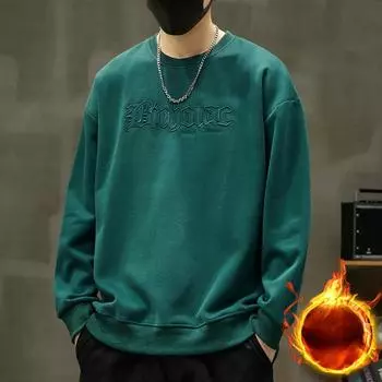 Осенне-зимний свитер с круглым вырезом, мужская американская свободная флисовая утолщенная футболка с длинным рукавом, одежда без шапки M зелёный