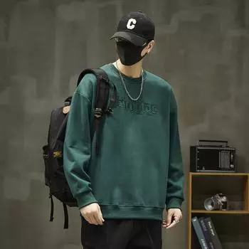 Осенне-зимний свитер с круглым вырезом, мужская американская свободная флисовая утолщенная футболка с длинным рукавом, одежда без шапки L темно серый