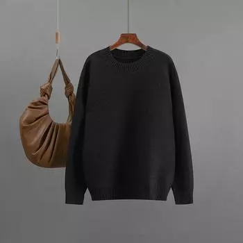 Осенне-зимний свитер с круглым вырезом однотонный женский универсальный свободный вязаный топ OneSize чёрный