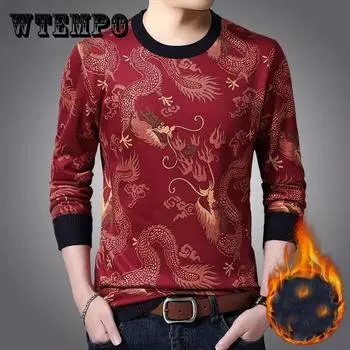 Осенне-зимний свитер с круглым вырезом плюс бархатная рубашка с толстым дном, брендовый свитер с принтом дракона, дикий кардиган, мужской теплый пуловер 3XL