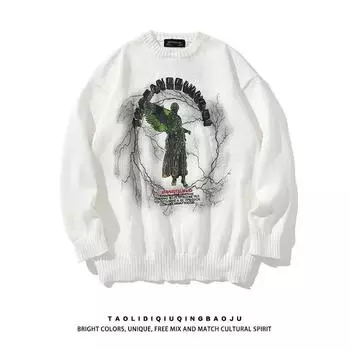 Осенне-зимний свитер с круглым вырезом, уличный свободный трикотажный свитер, термобелье, подходит для молодых и средних мужчин и женщин M белый