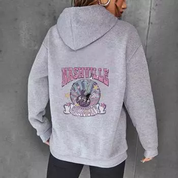 Осенне-зимний свитер с надписью «Модный принт» с капюшоном и рукавами на плечах, флисовый свитер для женщин, топ XS серый