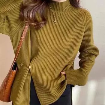 Осенне-зимний свитер с полу-воротником для женщин, который можно носить как дома, так и на улице в 2024 году, новый дизайн, нишевый пуловер, вязаный свитер с длинными рукавами One Size