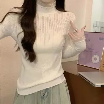 Осенне-зимний свитер с полувысоким воротом из чистого кружева и бусинами для женщин, с ощущением высокого класса, с длинными рукавами, базовый трикотажный топ S белый