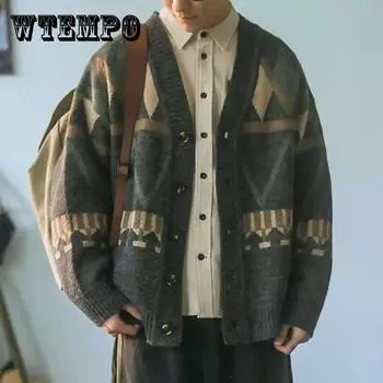 Осенне-зимний свитер с v-образным вырезом, пальто в стиле ретро, кардиган на пуговицах, ромбовидный контрастный топ, универсальный кардиган, мужской теплый свитер, пальто для пары 2XL