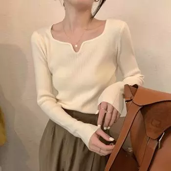 Осенне-зимний свитер с V-образным вырезом в корейском стиле, облегающий, с длинными рукавами, с простым дизайном в качестве базового слоя и свитером в качестве внутреннего слоя S