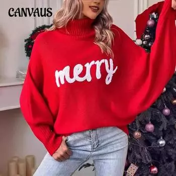 Осенне-зимний свитер с вышивкой и рождественским воротником, свободный трикотажный топ с рукавами «летучая мышь» S красный