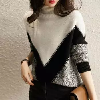 Осенне-зимний свитер с высоким воротом, базовый женский свитер, новый цветной свободный повседневный верх, вязаные свитера, топы с длинным рукавом, одежда 1982 г. S белый