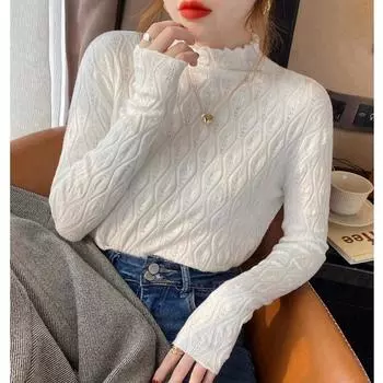 Осенне-зимний свитер с высоким воротом для женщин, модный облегающий теплый пуловер, свитера для женщин, элегантный винтажный однотонный свободный женский трикотаж 24858 One Size чёрный