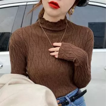 Осенне-зимний свитер с высоким воротом для женщин, модный облегающий теплый пуловер, свитера для женщин, элегантный винтажный однотонный свободный женский трикотаж 24858 One Size чёрный