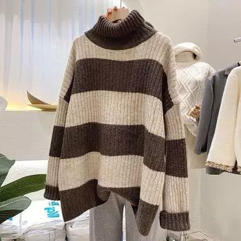 Осенне-зимний свитер с высоким воротом, женский пуловер, корейский свободный универсальный вязаный свитер в полоску, пуловер, женский топ One Size темно серый