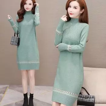 Осенне-зимний свитер средней длины контрастного цвета в этническом стиле, юбка для женщин, корейская версия свободного полувысокого воротника в полоску для женщин XXXL чёрный