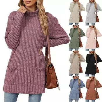 Осенне-зимний свитер средней длины с длинными рукавами, толстый теплый трикотаж с капюшоном, повседневный однотонный свитер с высоким воротником и свободными карманами S розовый