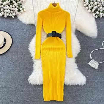 Осенне-зимний свитер в корейском стиле, эластичное облегающее облегающее платье средней длины с высоким воротом, вязаное платье средней длины One Size оранжевый