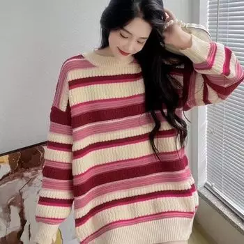 Осенне-зимний свитер в розовую полоску, винтажный свободный вязаный топ с жареным тестом контрастного цвета, корейский теплый свитер, пуловер, женский One Size синий