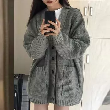 Осенне-зимний свитер в студенческом стиле, кардиган, студентка, корейский свободный, с v-образным вырезом, универсальное однотонное вязаное пальто, свитер, кардиган One Size серый