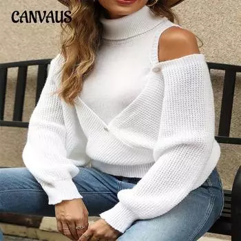 Осенне-зимний свитер женский без бретелек с длинным рукавом однотонный пуловер с высоким воротом вязаный свитер S белый