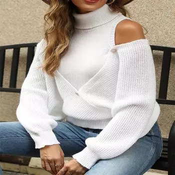 Осенне-зимний свитер женский без бретелек с длинным рукавом однотонный пуловер с высоким воротом вязаный свитер S белый