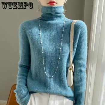 Осенне-зимний свитер, женский джемпер с высоким воротом, однотонный свитер, длинный рукав, теплый кашемировый свитер из мериносовой шерсти S чёрный