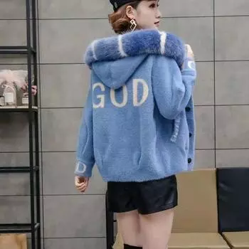 Осенне-зимний свитер женский кардиган куртка свободная куртка из искусственной норки S синий