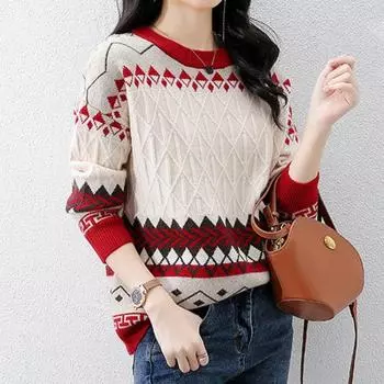 Осенне-зимний свитер женский корейский вариант ромбовидная сетка контрастный жаккардовый цвет круглый вырез длинный рукав повседневный трикотажный самарий женский интерьер one size жёлтый