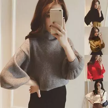 Осенне-зимний свитер женский с длинным рукавом-фонариком, однотонная водолазка, вязаные топы One Size