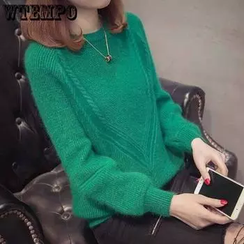 Осенне-зимний свитер, женский свитер с круглым вырезом и рукавами-фонариками, утягивающий однотонный вязаный свитер, корейская версия, свободная базовая рубашка 2XL белый
