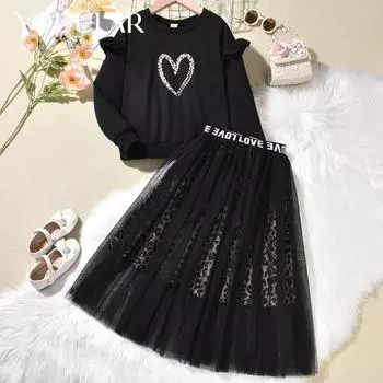 Осенне-зимний свитшот для девочек и детей старшего возраста, черный костюм с сетчатой юбкой и леопардовым принтом Love, осень 2022 г.