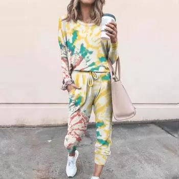 Осенне-зимний свободный брючный костюм 2023, блузка с принтом, комплект из двух предметов, повседневная одежда с длинными рукавами, женские брюки на шнурке, 29108 S чёрный