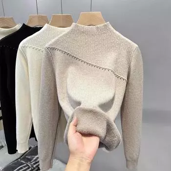 Осенне-зимний свободный и толстый шерстяной свитер для женщин со встроенным утеплителем и бархатной подкладкой, однотонный трикотажный свитер с полувысоким воротом S белый