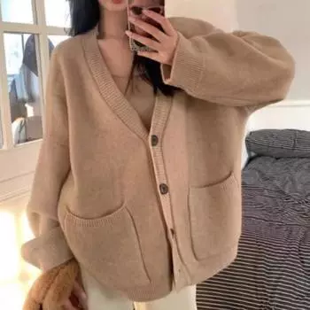 Осенне-зимний свободный кардиган женский свитер куртка повседневный V-образный вырез ретро карманы длинный рукав пальто женская однотонная одежда 1918 One Size серый