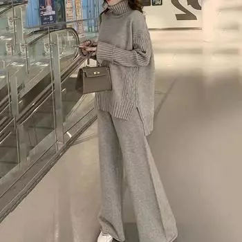 Осенне-зимний свободный комбинезон в ленивом стиле с высоким воротником, женский сетчатый красный модный комплект из двух предметов с широкими брюками One Size синий