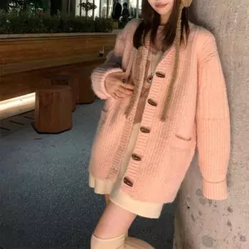 Осенне-зимний свободный однотонный кардиган с пуговицами из бычьего рога, универсальный мягкий липкий теплый свитер, куртка для женщин One size жёлтый