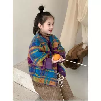 Осенне-зимний свободный повседневный цветной свитер для девочек, утолщенная теплая однобортная куртка 150