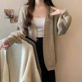 Осенне-зимний свободный повседневный вязаный свитер, куртка женская мода, однотонный винтажный женский кардиган с V-образным вырезом, элегантные простые женские кардиганы 25213 One Size хаки