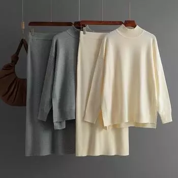 Осенне-зимний свободный свитер-пуловер с высоким воротником, однотонный женский трикотажный комплект из двух предметов с длинными рукавами и широкой юбкой One Size чёрный