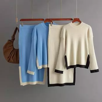 Осенне-зимний свободный свитер-пуловер с высоким воротником, однотонный женский трикотажный комплект из двух предметов с длинными рукавами и широкой юбкой One Size серый