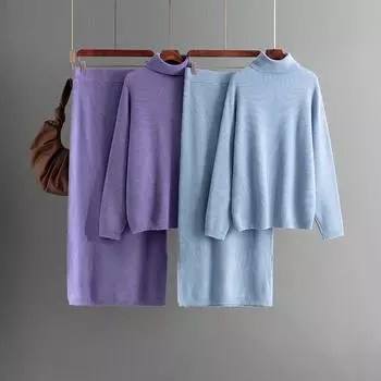 Осенне-зимний свободный свитер-пуловер с высоким воротником, однотонный женский трикотажный комплект из двух предметов с длинными рукавами и широкими брюками One Size чёрный