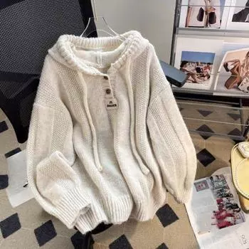 Осенне-зимний свободный свитер с капюшоном, женский мягкий вощеный вязаный джемпер с завязками, длинный рукав, трикотаж, пуловеры S