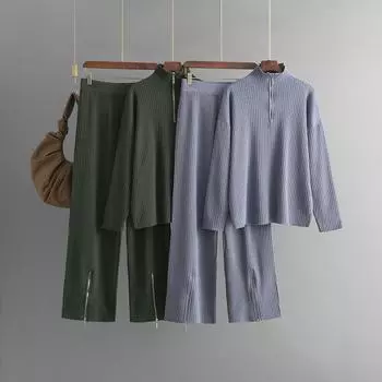 Осенне-зимний свободный свитер-свитер с высоким воротником на молнии, однотонный женский трикотажный комплект из двух предметов с длинными рукавами и широкими брюками One Size чёрный