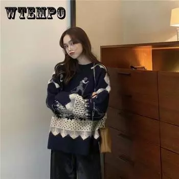 Осенне-зимний свободный свитер, женский модный жаккардовый пуловер в форме дикого ромба, топ XXL синий