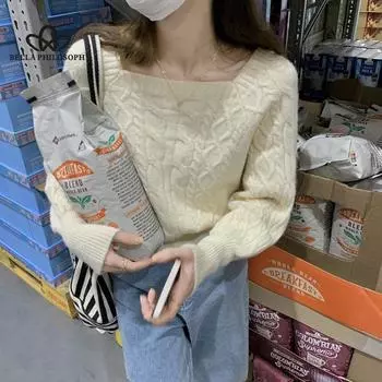 Осенне-зимний свободный трикотаж с квадратным вырезом, арктический бархатный толстый свитер, женский укороченный топ, одежда onesize