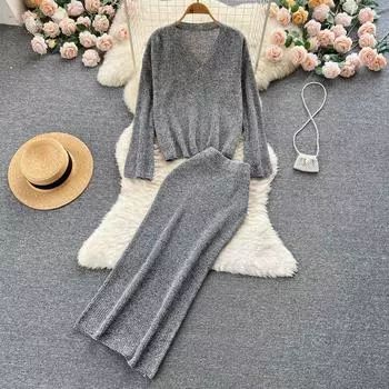 Осенне-зимний свободный вязаный свитер с v-образным вырезом, винтажный пуловер, свитер + юбка средней длины, комплект из двух предметов