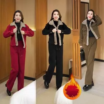 Осенне-зимний теплый комплект из 2 предметов на флисовой подкладке, повседневный спортивный костюм с капюшоном, шаровары, толстые брюки с высокой талией, женский наряд Conjunto XXXXL чёрный